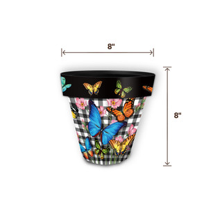 Small Checkered Butterflies Planter, 8" tall and wide, colorful butterflies and flowers on black and white.