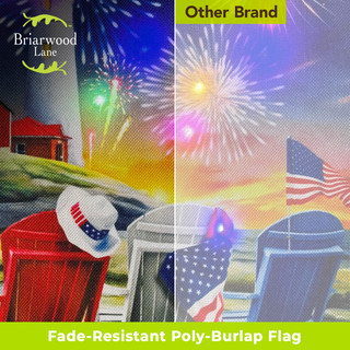 Beachfront Fireworks LED Burlap Garden Flag, colorful garden flags with fireworks and American flag design.