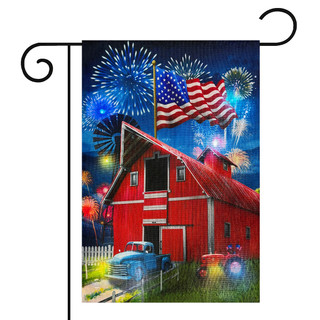 American Celebration Barn LED Burlap Garden Flag with red barn, fireworks, and American flag design.