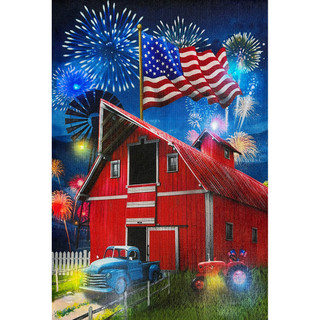 American Celebration Barn LED Burlap Garden Flag with patriotic barn, fireworks, and American flag design.