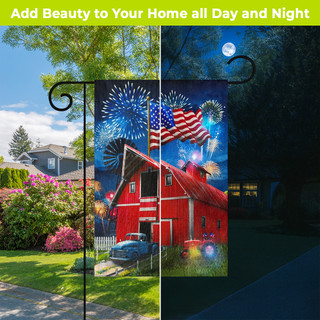 American Celebration Barn LED Burlap Garden Flag with red barn, fireworks, and American flag design.
