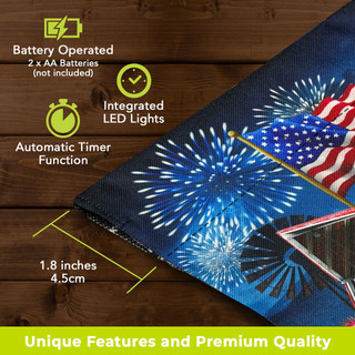 American Celebration Barn LED Burlap Garden Flag with fireworks and American flag design, battery operated.