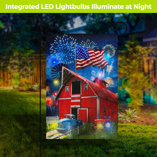 American Celebration Barn LED Burlap Garden Flag with integrated LED lights and red barn design.