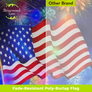American Flag Firework LED Burlap Garden Flag, red, white, and blue, with fireworks, poly burlap material.