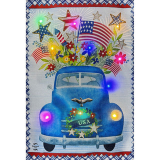 Blue pickup truck with USA wreath, flowers, stars, and flags on Celebrate America Burlap Garden Flag.