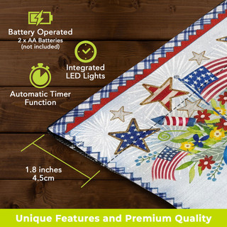 Celebrate America Pickup LED Burlap Garden Flag with stars and American flags on white burlap.
