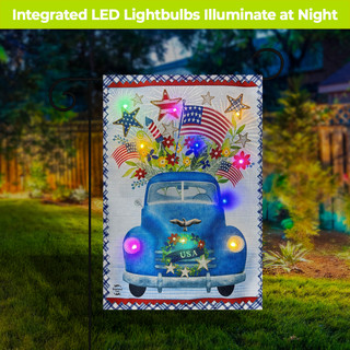 Celebrate America Pickup LED Burlap Garden Flag with colorful lights and patriotic design on burlap.
