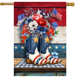Patriotic Cowboy Boots House Flag with floral design and American flag theme, red white blue colors.