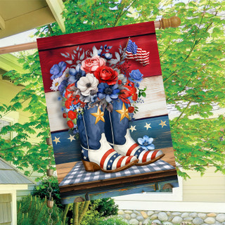 Patriotic Cowboy Boots House Flag with floral design and American flag colors and stars.