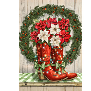 Red cowboy boots with green bows and lights, filled with red and white poinsettias and evergreen.