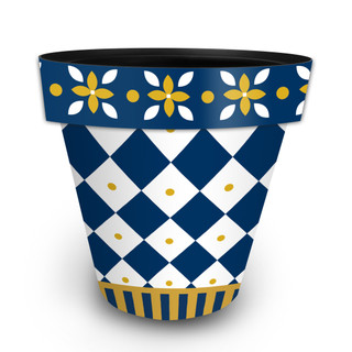 Large blue and gold planter with white accents and argyle pattern on a white background.
