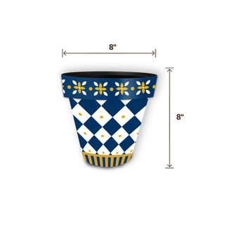 Blue and Gold Small Planter, 8" tall, 8" wide, blue, gold, white diamond and floral pattern.
