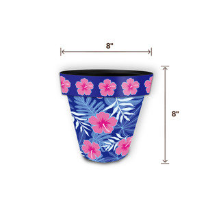 Small blue tropical planter with pink flowers and green leaves, 8 inches wide and tall.