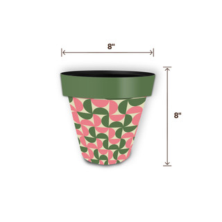 Pink and Green Modern Planter, 8" tall, 8" wide, leaf pattern, green rim and pink base.