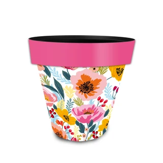 Vibrant Blooms small planter with pink rim and colorful floral design on white background.
