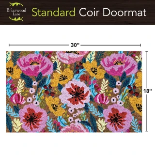 Vibrant Blooms natural fiber coir doormat, 18 x 30 inches, colorful floral design with pink, red, yellow flowers.