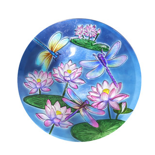 Dragonflies and Water Lilies Glass Birdbath with pink flowers, green leaves, and colorful dragonflies design.