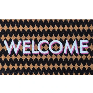 Brown and black chevron patterned coir doormat with light blue and pink outlined welcome text.