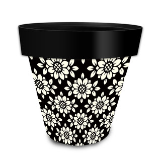 Black plastic Geometric Floral Medium Planter with white flowers and glossy rim, plain interior.