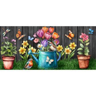 Garden Buddies Mini Mat colorful floral design with birds butterflies and flowers on grassy lawn setting