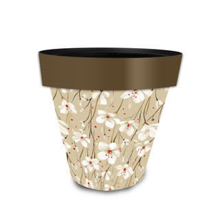Small tan floral planter with white flowers and red centers, brown rim, and ceramic design.