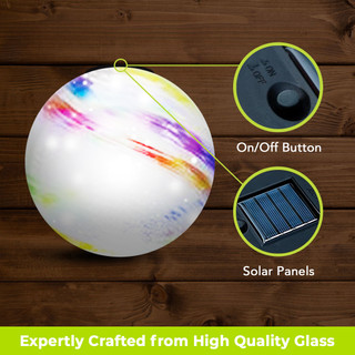Colorful Swirl Solar LED Glass Gazing Ball with on/off button and solar panels, multicolor, glass.
