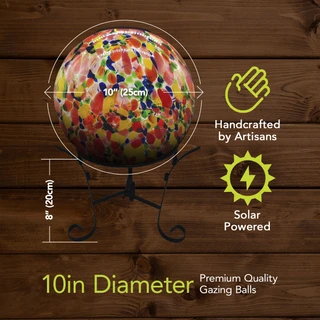 Rainbow Specked Solar LED Glass Gazing Ball, 10 inches diameter, multicolor, solar powered, handcrafted.