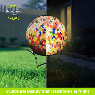 Rainbow Specked Solar LED Glass Gazing Ball, colorful glass orb with solar powered LED light.