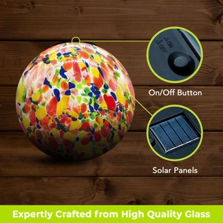 Rainbow speckled solar LED glass gazing ball with colorful mosaic pattern and solar panels.