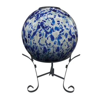 Blue speckled solar LED glass gazing ball on a black metal stand, white and blue colors.