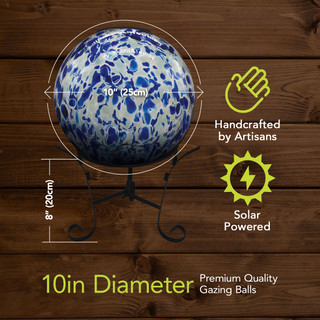 Blue speckled solar LED glass gazing ball, 10 inches, on stand, handcrafted with premium quality.