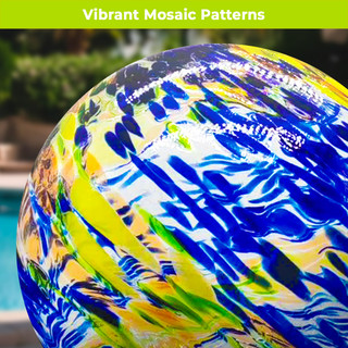 Blue and green rippled solar LED glass gazing ball with vibrant mosaic patterns and yellow accents.