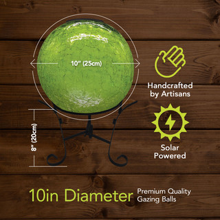 Green cracked solar LED glass gazing ball, 10-inch diameter, on black metal stand, solar powered.