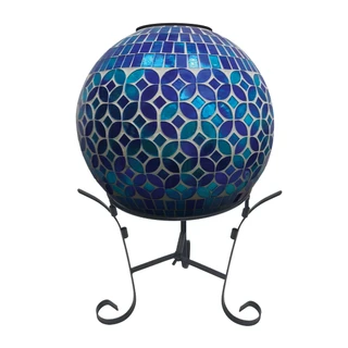 Geometric Blue Solar LED Glass Gazing Ball on black metal stand with mosaic tile design.