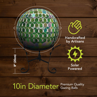 Green and purple solar LED glass gazing ball, 10 inches diameter, handcrafted with premium quality.