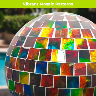 Multicolor solar LED glass gazing ball with vibrant mosaic patterns and reflective tiles outdoor decor.