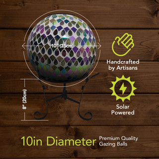 Organic purple and green solar LED glass gazing ball, 10 inches diameter, on decorative stand.