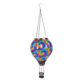 Solar powered Tie Dye Swirl Balloon Lantern with silver chains and hook, multicolor swirl design.