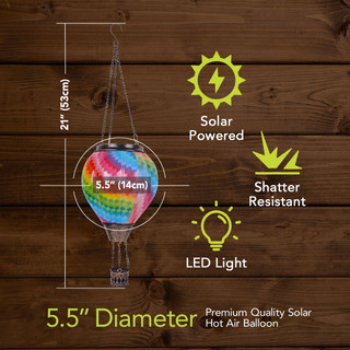 Colorful Patchwork Solar Balloon Lantern, 5.5" diameter, shatter-resistant, solar-powered LED light, hot air balloon.
