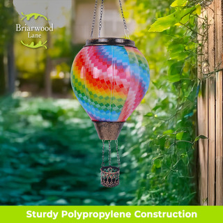 Colorful Patchwork Solar Balloon Lantern, vibrant rainbow colors, hanging outdoors, polypropylene material, Briarwood Lane brand.