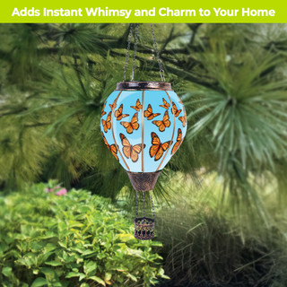 Butterflies Solar Balloon Lantern, blue and orange butterfly design, hanging solar powered garden lantern.