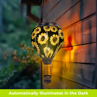 Sunflowers Solar Balloon Lantern, solar powered hot air balloon lantern with yellow sunflowers design glowing.