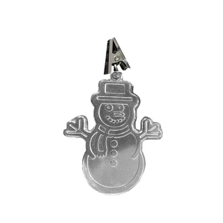 Metal Snowman Garden Flag Weight, silver snowman ornament with hat and outstretched arms.