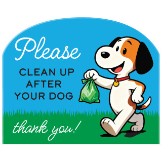 Acrylic art sign with cartoon dog holding poop bag, "Please Clean Up After Dog" message.