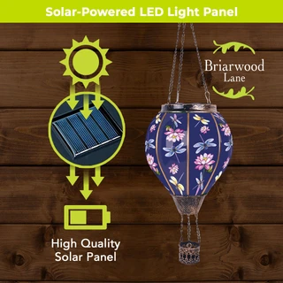 Dragonflies Solar Balloon lantern with solar panel, floral design, and LED light, blue and pink hues.
