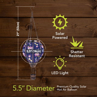 Dragonflies Solar Balloon, blue with dragonflies, 5.5" diameter, solar powered LED light, shatter resistant lantern.