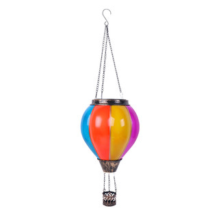 Multicolor Solar Balloon Lantern with metal chains, vibrant blue, red, yellow, and purple sections.
