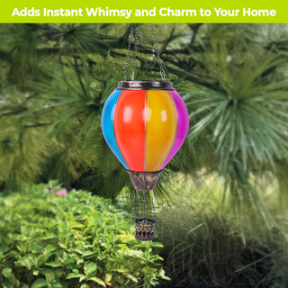 Multicolor Solar Balloon Lantern with blue, pink, orange, and yellow panels hanging outdoors.