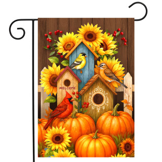 Fall Birdhouse Trio Garden Flag with sunflowers, pumpkins, cardinals, and birdhouses in autumn colors.