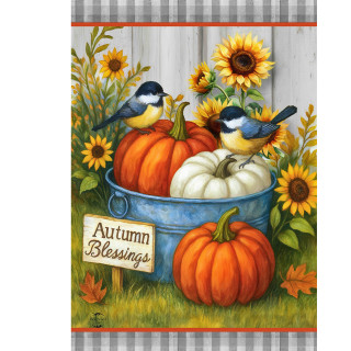 Autumn Blessings Bushel Garden Flag with pumpkins, sunflowers, and two blue and yellow birds depicted.